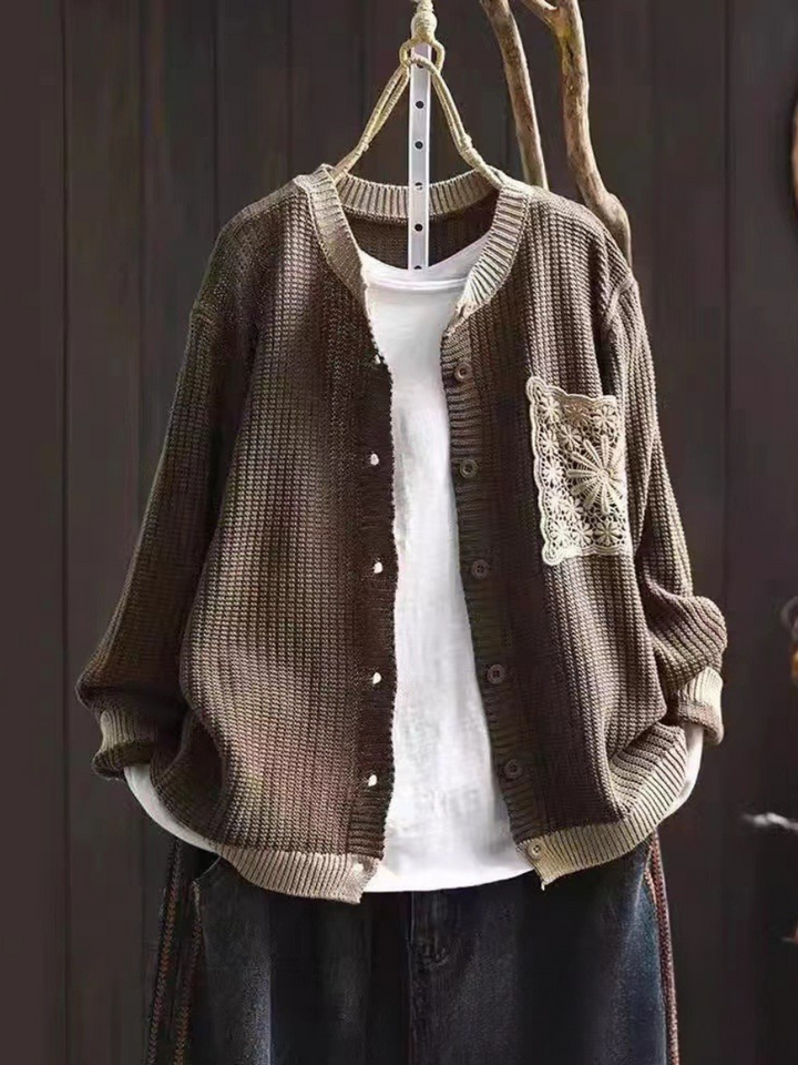 Kardigan Damski z Ażurową Kieszenią | Dzianina | Swobodny i Artystyczny Styl