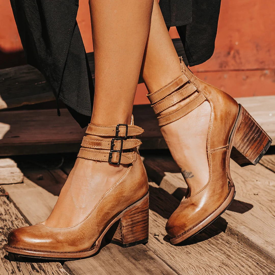 Damskie Skórzane Buty na Obcasie | Pasek na Kostce | Klasyczny i Elegancki Styl