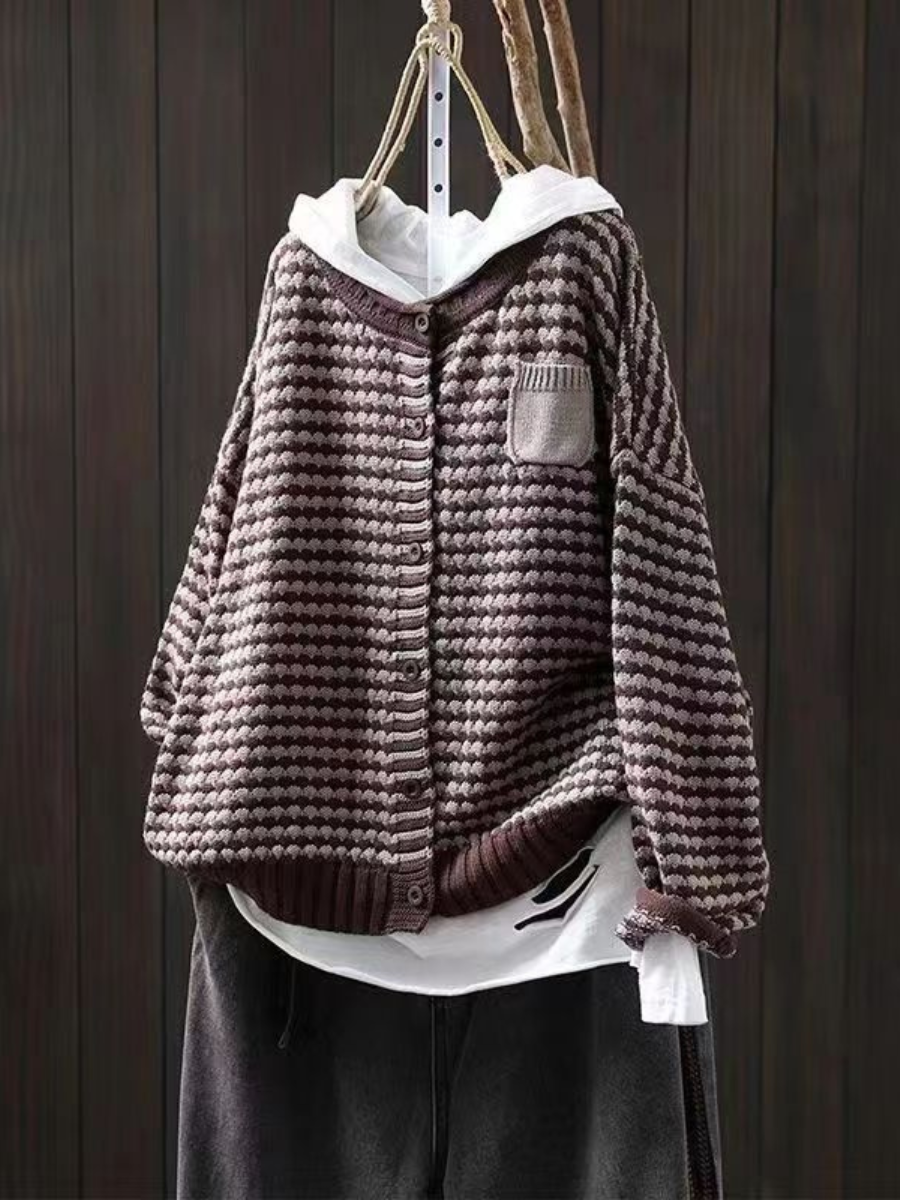 Sweter Kardigan z Teksturą | Dzianina | Luźny Krój i Kieszeń