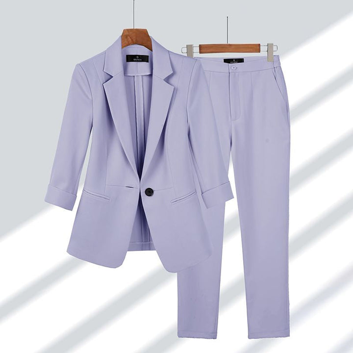 Damski Garnitur Dwuczęściowy | Marynarka z Rękawem 3/4 i Spodnie w Eleganckim Kroju | Styl Biznesowy