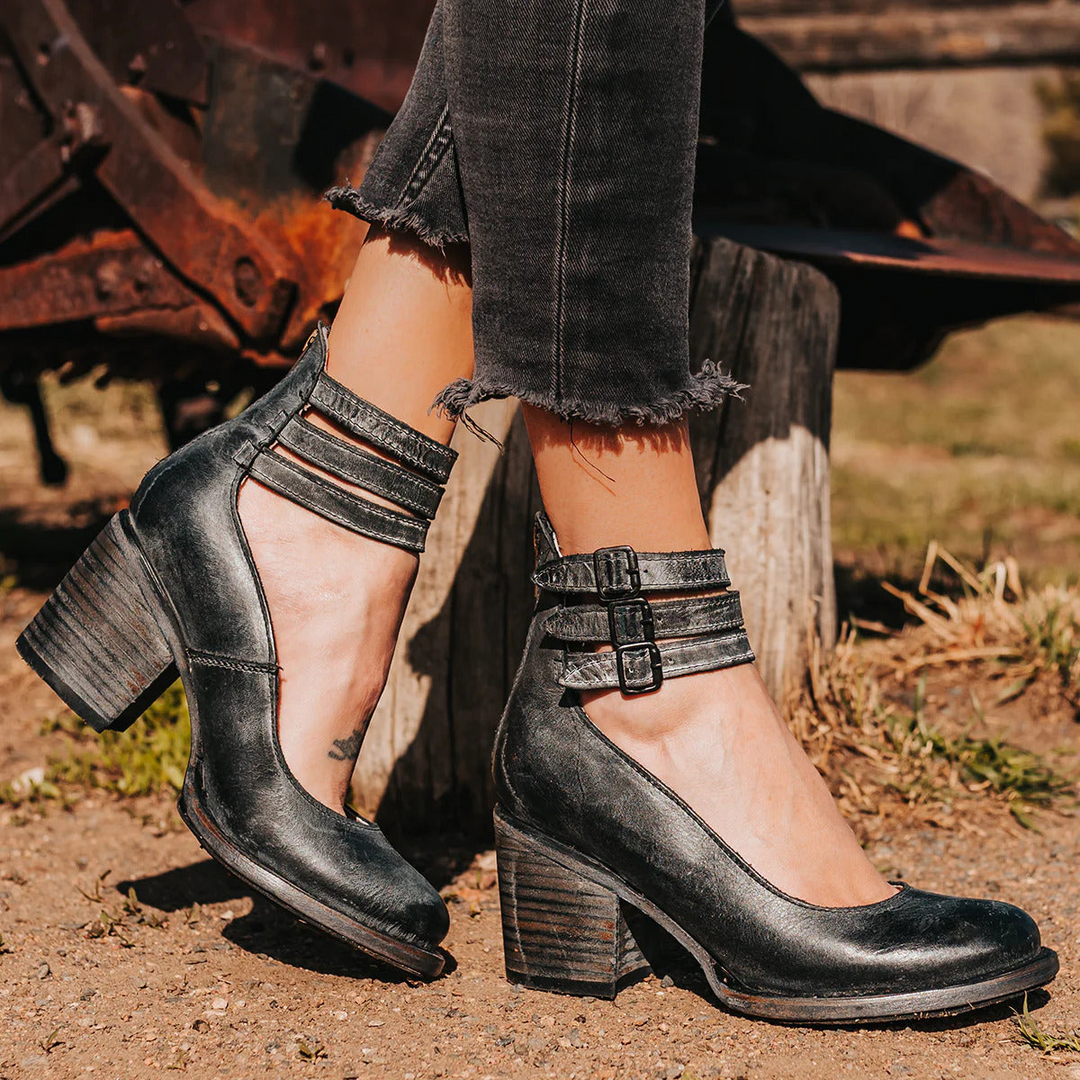 Damskie Skórzane Buty na Obcasie | Pasek na Kostce | Klasyczny i Elegancki Styl