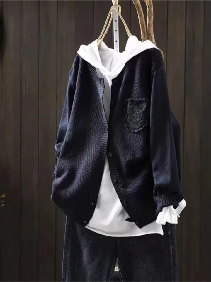 Kardigan Damski z Dzianiny | Ozdobna Kieszonka | Swobodny i Stylowy