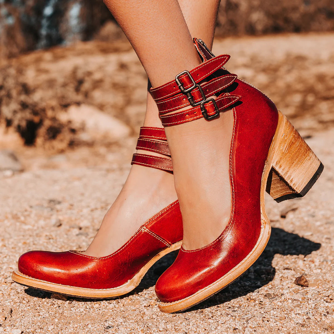 Damskie Skórzane Buty na Obcasie | Pasek na Kostce | Klasyczny i Elegancki Styl