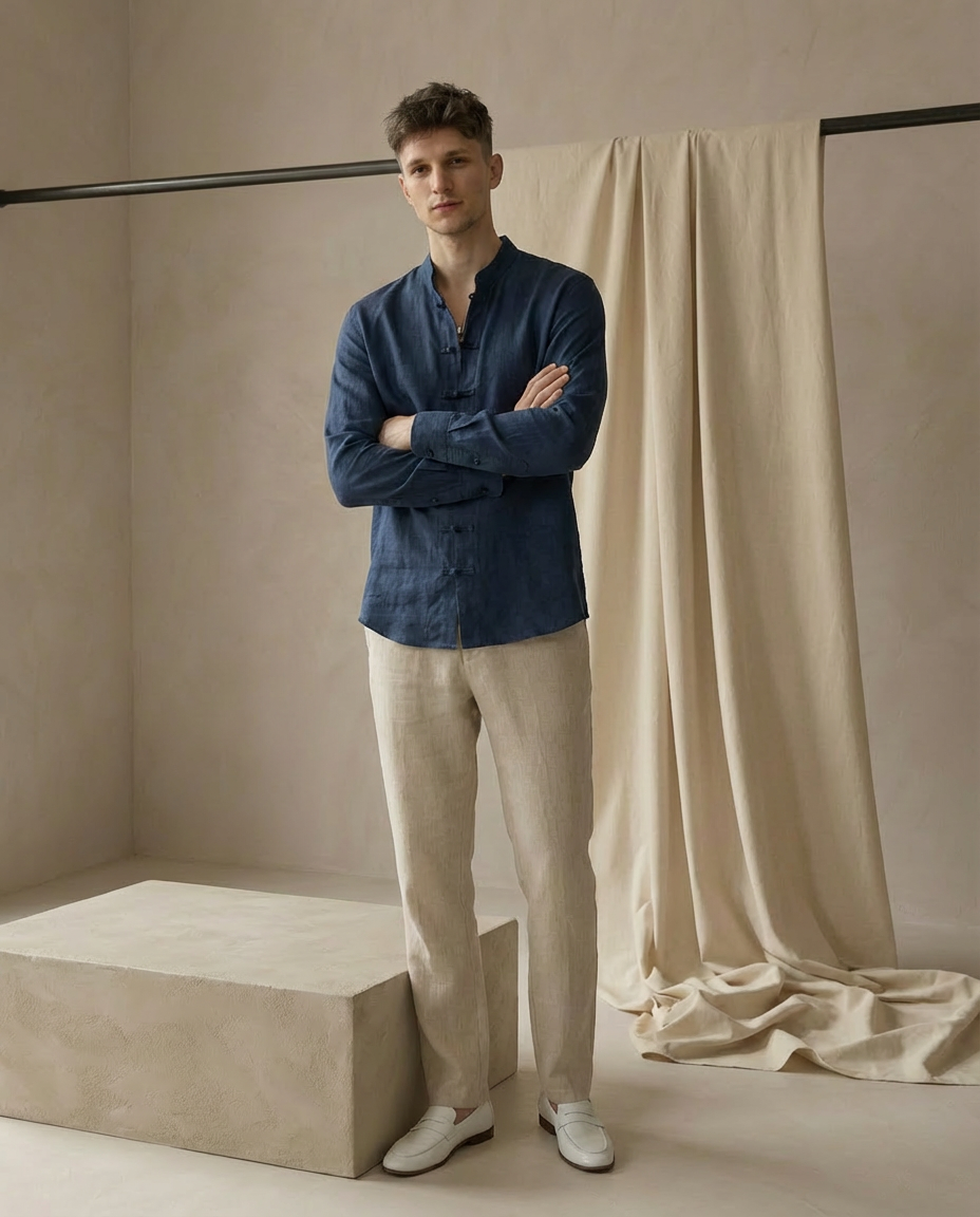 Koszula Męska Tradycyjna Koszula Lniana Męska | Regularny Krój | Oddychająca Tkanina | Na Co Dzień