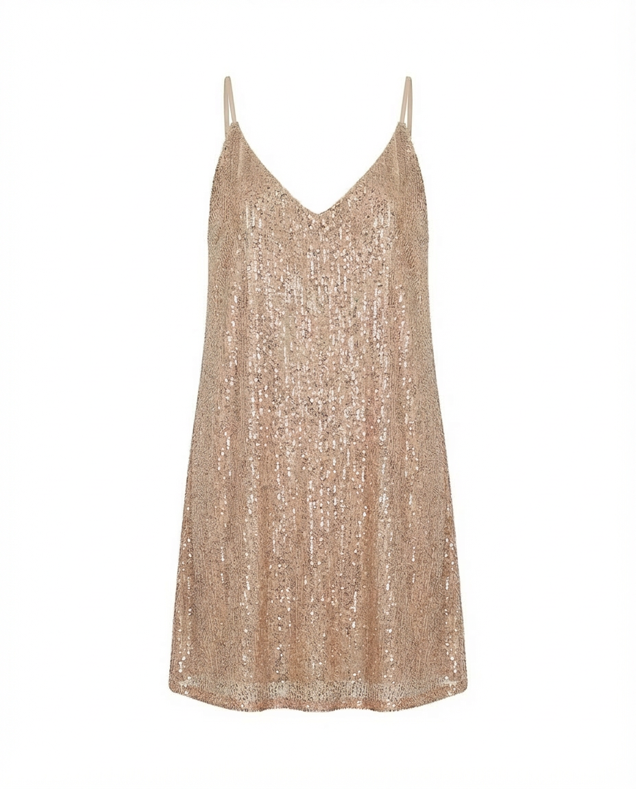 Krótka Sukienka z Cekinami | Lekki Luźny Krój z Dekoltem w Serek | Stylowa Sukienka na Imprezę