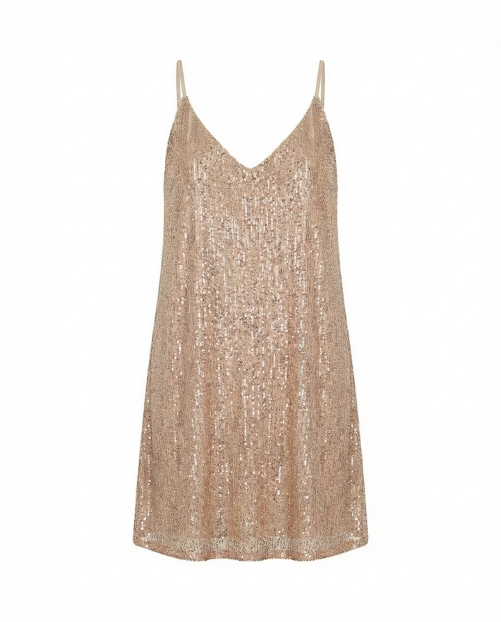 Krótka Sukienka z Cekinami | Lekki Luźny Krój z Dekoltem w Serek | Stylowa Sukienka na Imprezę