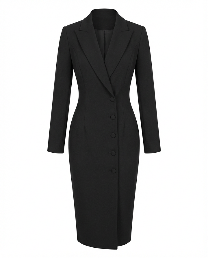 Sukienka Damska Midi Elegancka | Dopasowany Krój | Klapy i Guziki | Na Co Dzień i Do Pracy