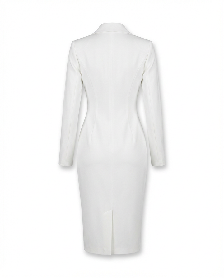 Sukienka Damska Midi Elegancka | Dopasowany Krój | Klapy i Guziki | Na Co Dzień i Do Pracy