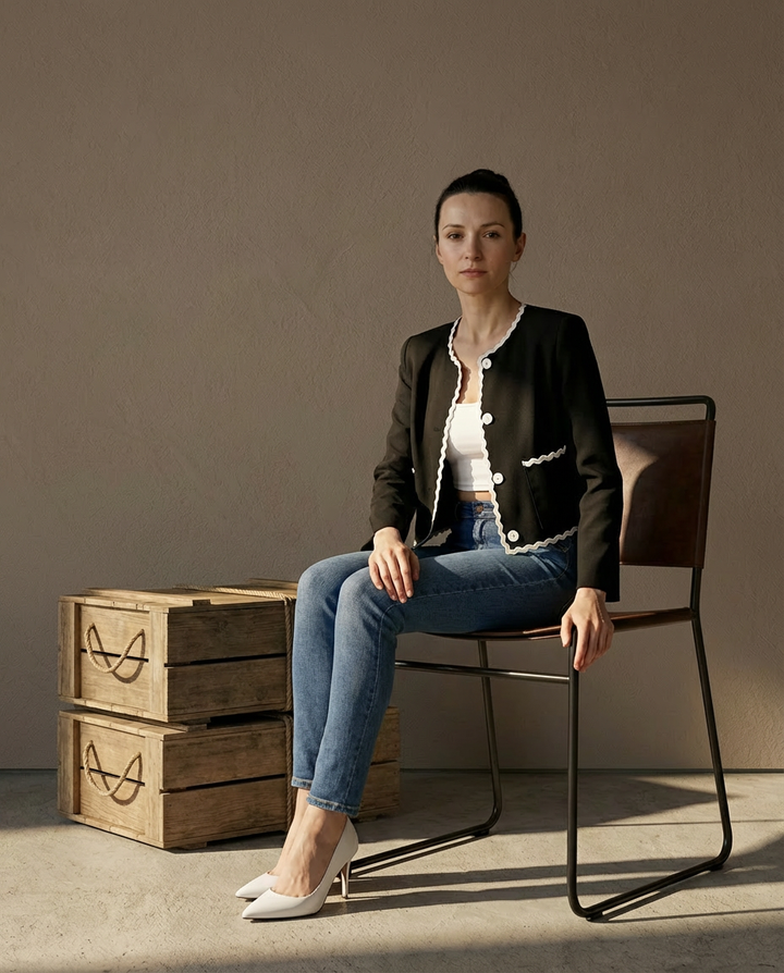 Marynarka Damska Elegancka | Regularny Krój | Kontrastowe Wykończenia | Do Pracy i Na Wiosnę