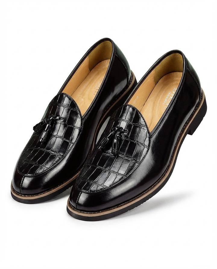 Mokasyny męskie skórzane | Klasyczny krój | Frędzle i wytłoczony wzór | Na co dzień