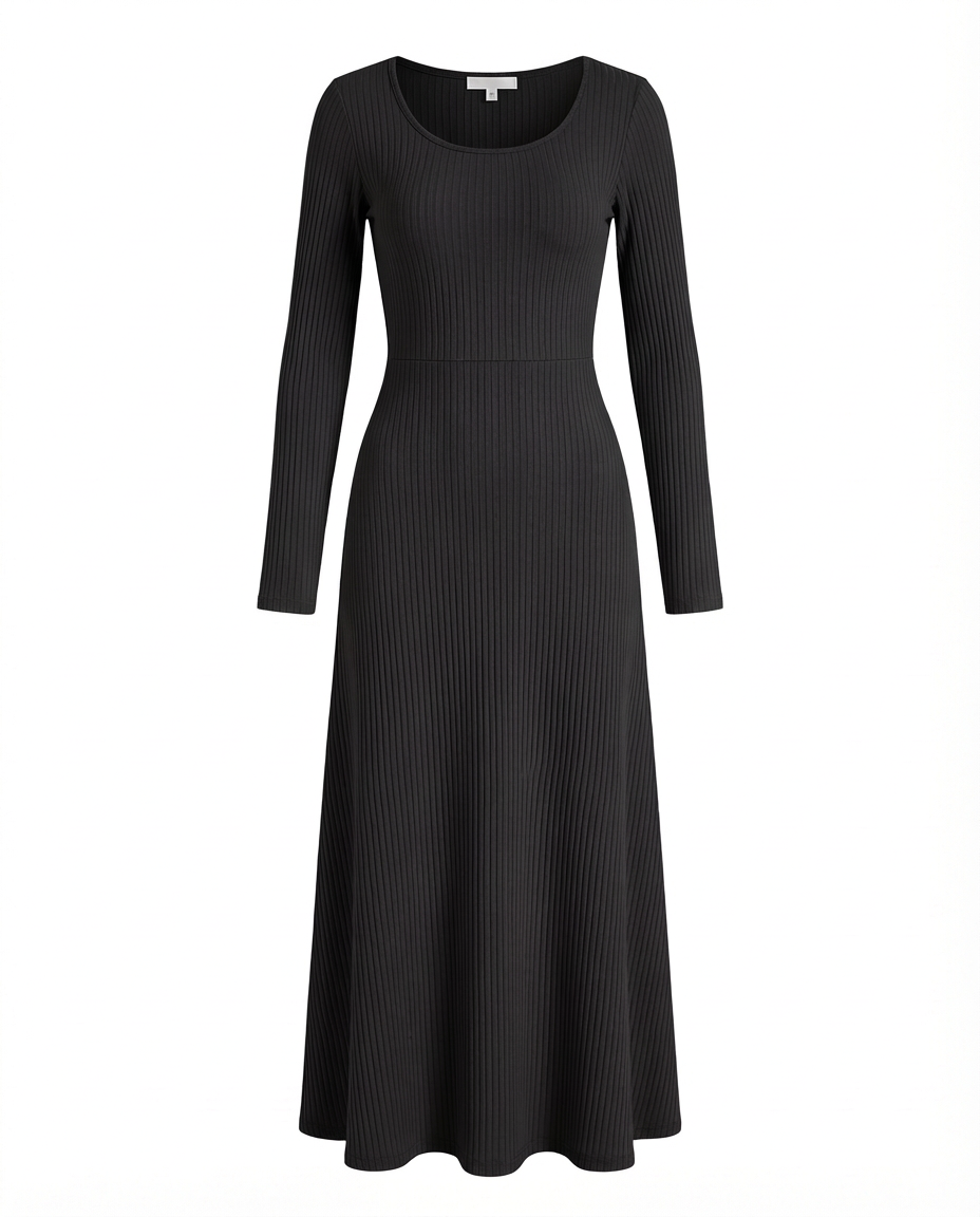 Sukienka Długa Prążkowana | Dopasowany Krój | Rozszerzane Rękawy | Na Co Dzień