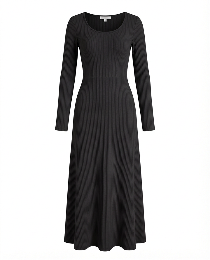 Sukienka Długa Prążkowana | Dopasowany Krój | Rozszerzane Rękawy | Na Co Dzień