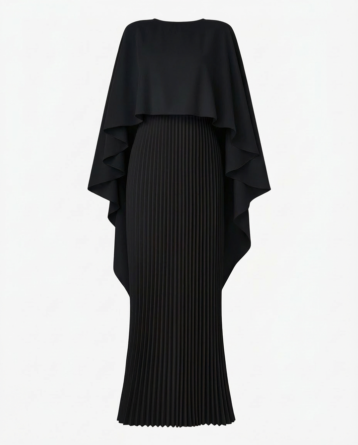 Plisowana Sukienka Maxi z Peleryną | Drapowany Krój | Elegancki Fason