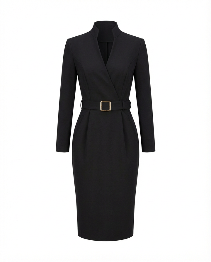 Sukienka Midi Elegancka | Dopasowany Krój | Zaznaczona Talia | Do Pracy i Na Oficjalne Okazje