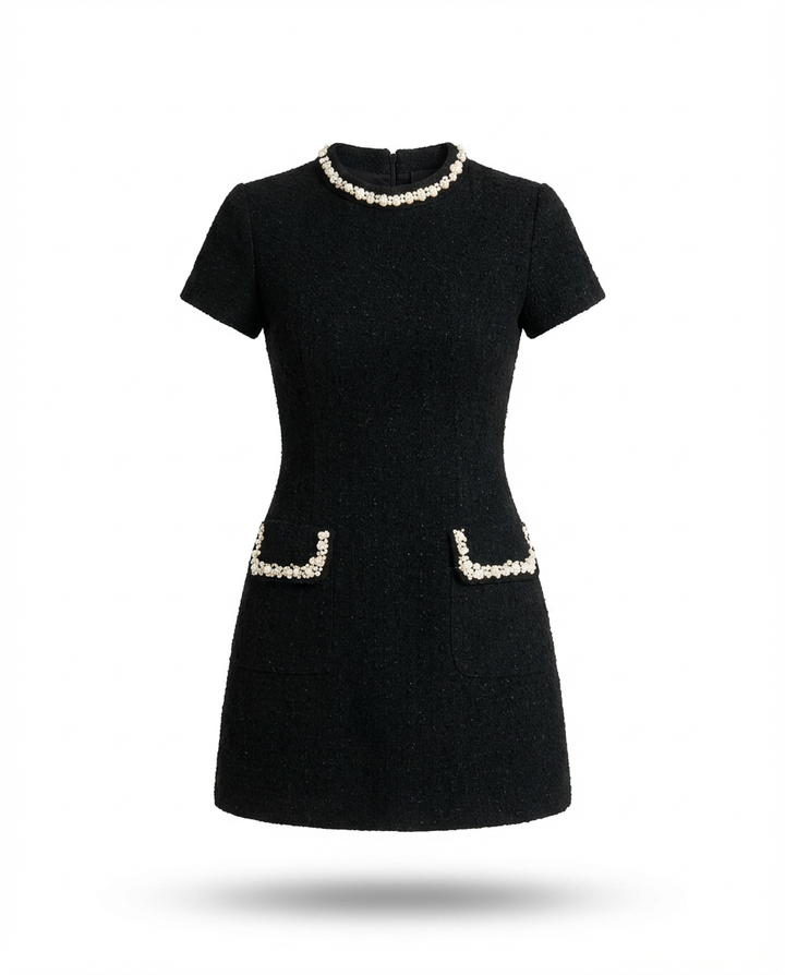 Sukienka Damska Mini Elegancka | Dopasowany Krój | Perłowe Wykończenie | Na Co Dzień i Na Wyjścia