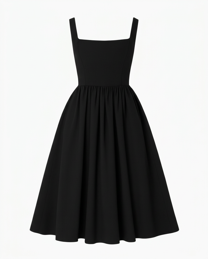 Klasyczna Mała Czarna Sukienka Midi | Rozkloszowany Krój z Szerokimi Ramiączkami | Elegancka Sukienka na Wiele Okazji