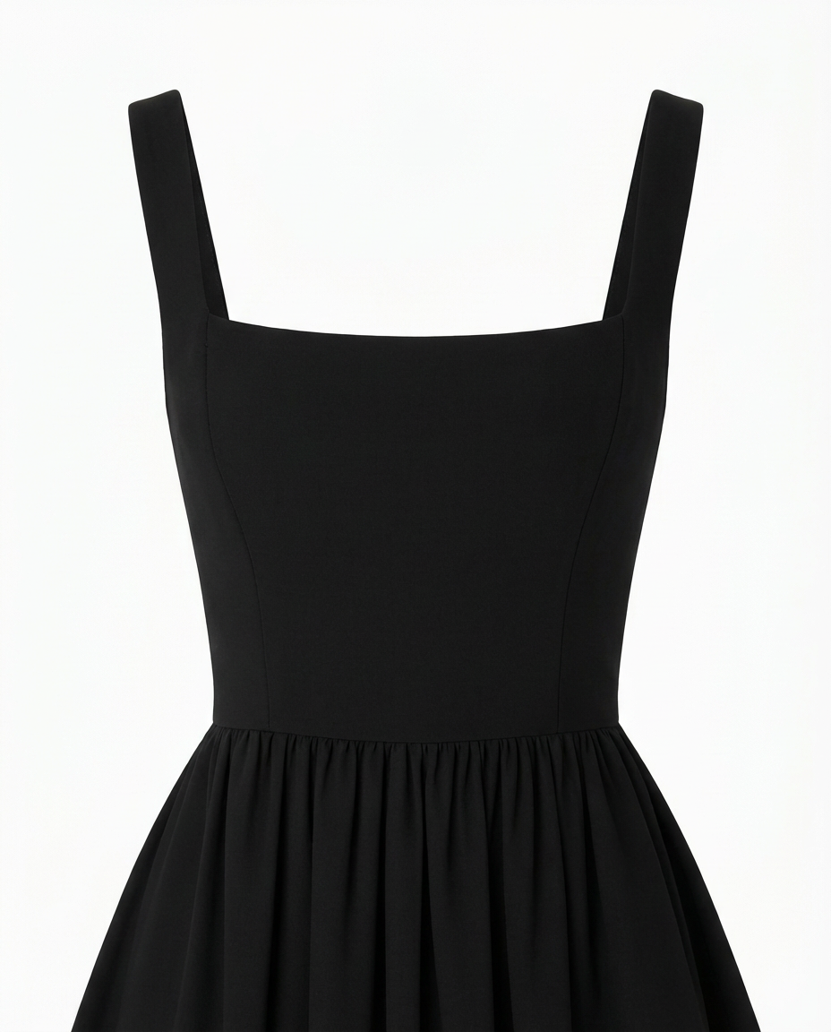 Klasyczna Mała Czarna Sukienka Midi | Rozkloszowany Krój z Szerokimi Ramiączkami | Elegancka Sukienka na Wiele Okazji