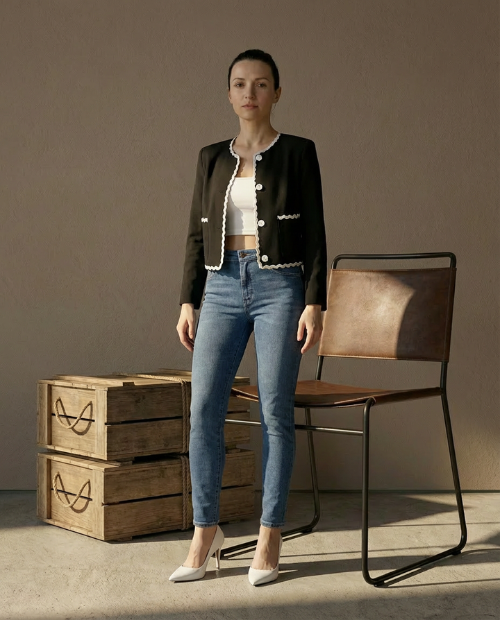 Marynarka Damska Elegancka | Regularny Krój | Kontrastowe Wykończenia | Do Pracy i Na Wiosnę