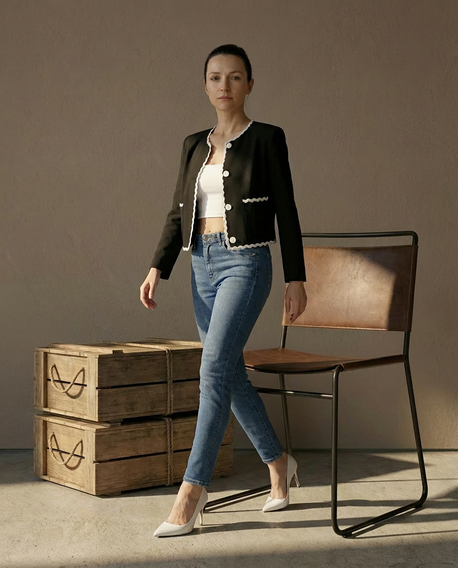 Marynarka Damska Elegancka | Regularny Krój | Kontrastowe Wykończenia | Do Pracy i Na Wiosnę