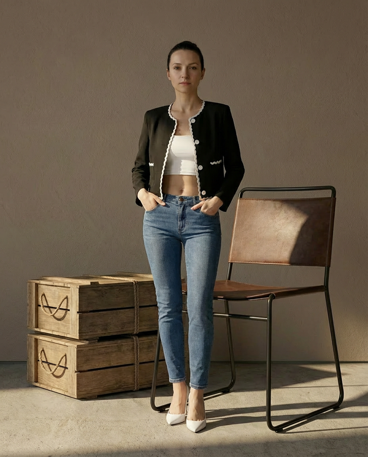 Marynarka Damska Elegancka | Regularny Krój | Kontrastowe Wykończenia | Do Pracy i Na Wiosnę