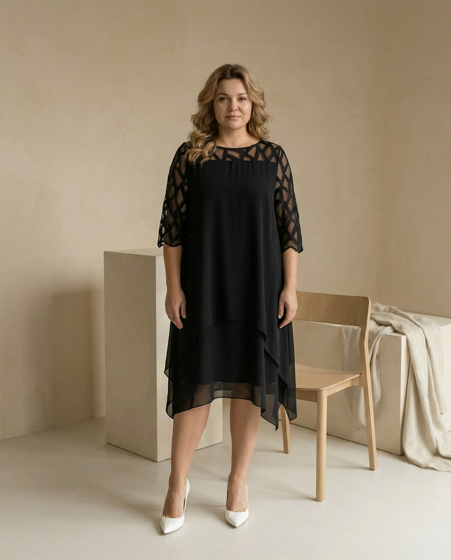 Sukienka Damska Midi Kwiatowa | Luźny Krój | Koronkowe Rękawy | Na Co Dzień