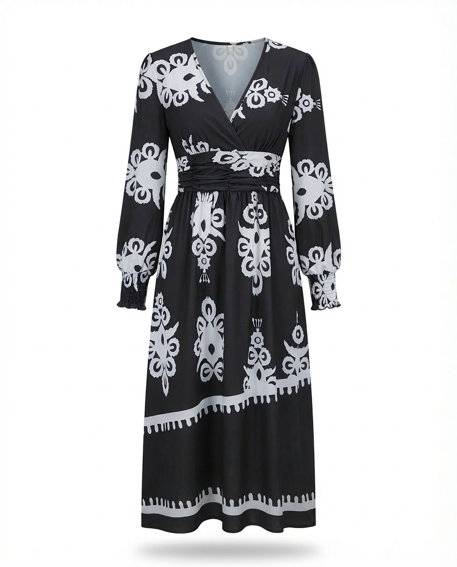 Sukienka Damska Midi Elegancka | Dopasowany Krój | Bufiaste Rękawy | Na Co Dzień