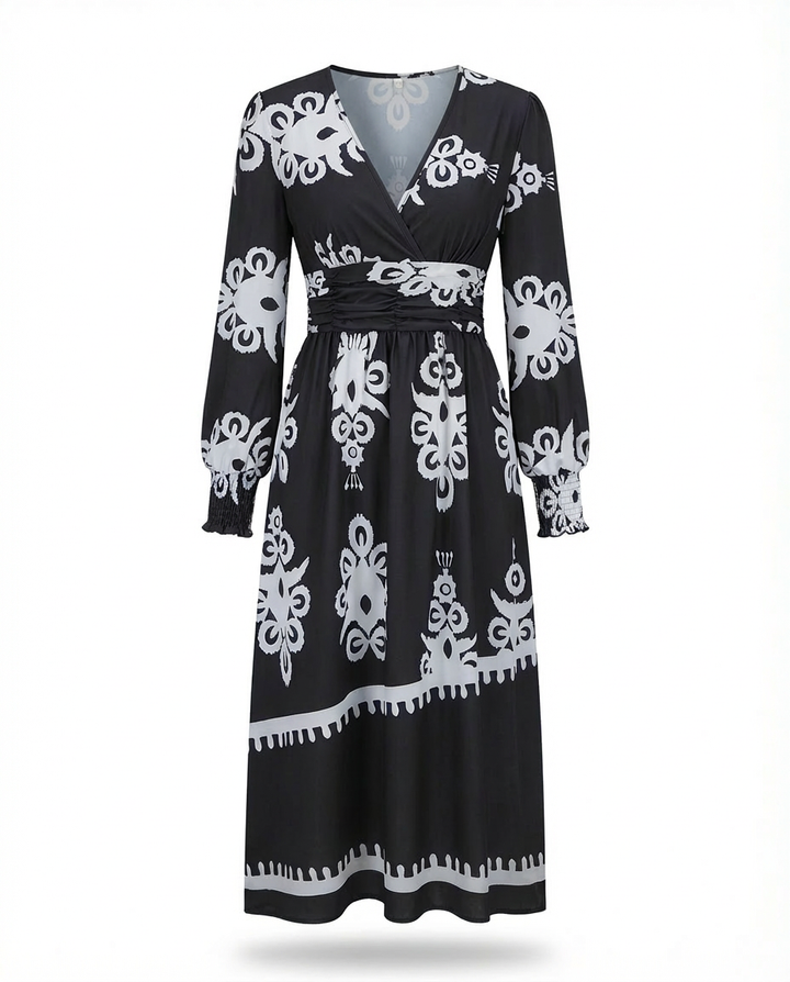 Sukienka Damska Midi Elegancka | Dopasowany Krój | Bufiaste Rękawy | Na Co Dzień