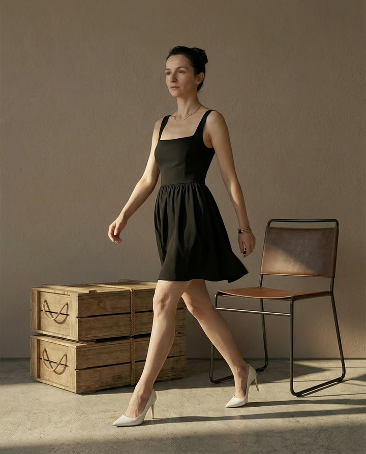 Klasyczna Mała Czarna Sukienka Midi | Rozkloszowany Krój z Szerokimi Ramiączkami | Elegancka Sukienka na Wiele Okazji