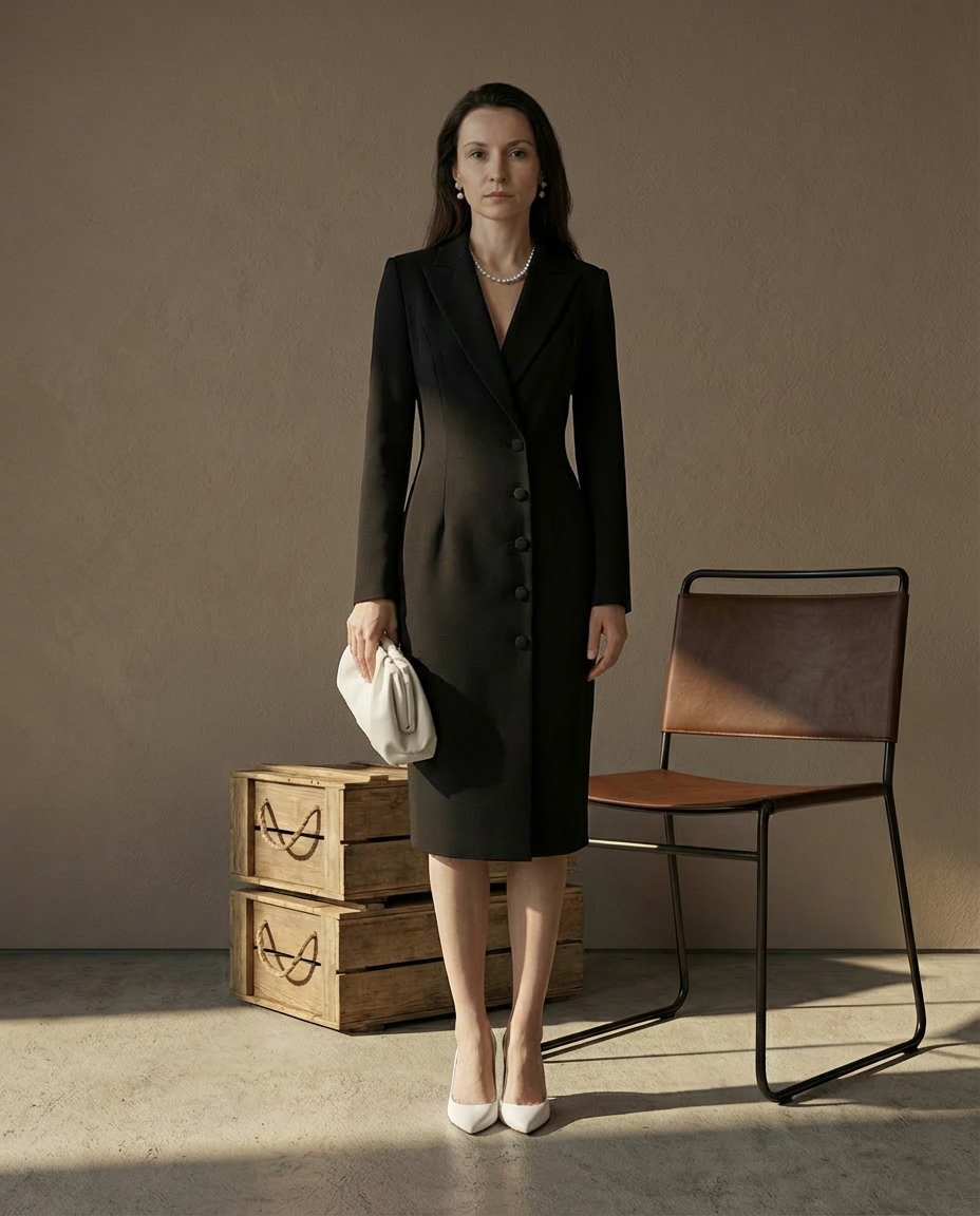 Sukienka Damska Midi Elegancka | Dopasowany Krój | Klapy i Guziki | Na Co Dzień i Do Pracy