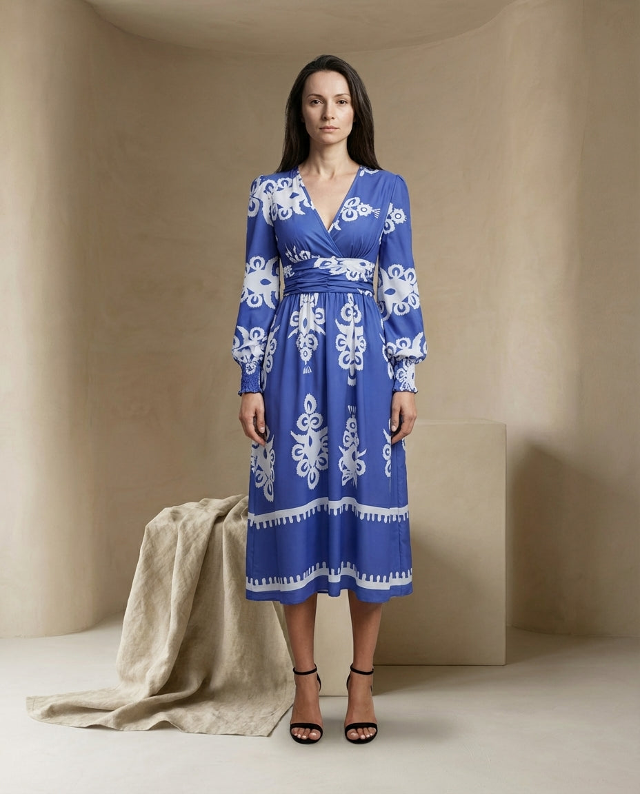 Sukienka Damska Midi Elegancka | Dopasowany Krój | Bufiaste Rękawy | Na Co Dzień