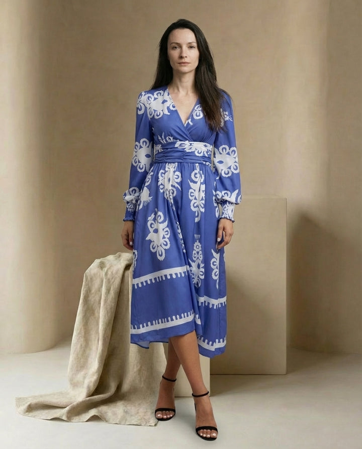 Sukienka Damska Midi Elegancka | Dopasowany Krój | Bufiaste Rękawy | Na Co Dzień