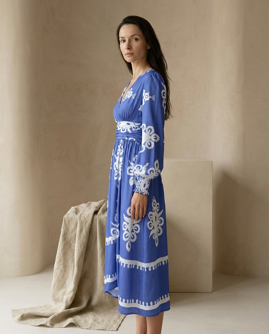 Sukienka Damska Midi Elegancka | Dopasowany Krój | Bufiaste Rękawy | Na Co Dzień