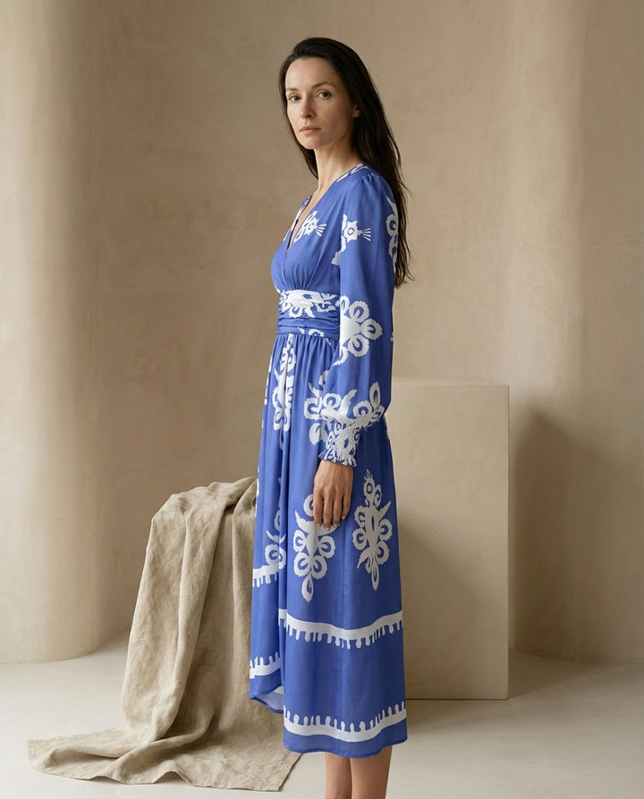 Sukienka Damska Midi Elegancka | Dopasowany Krój | Bufiaste Rękawy | Na Co Dzień