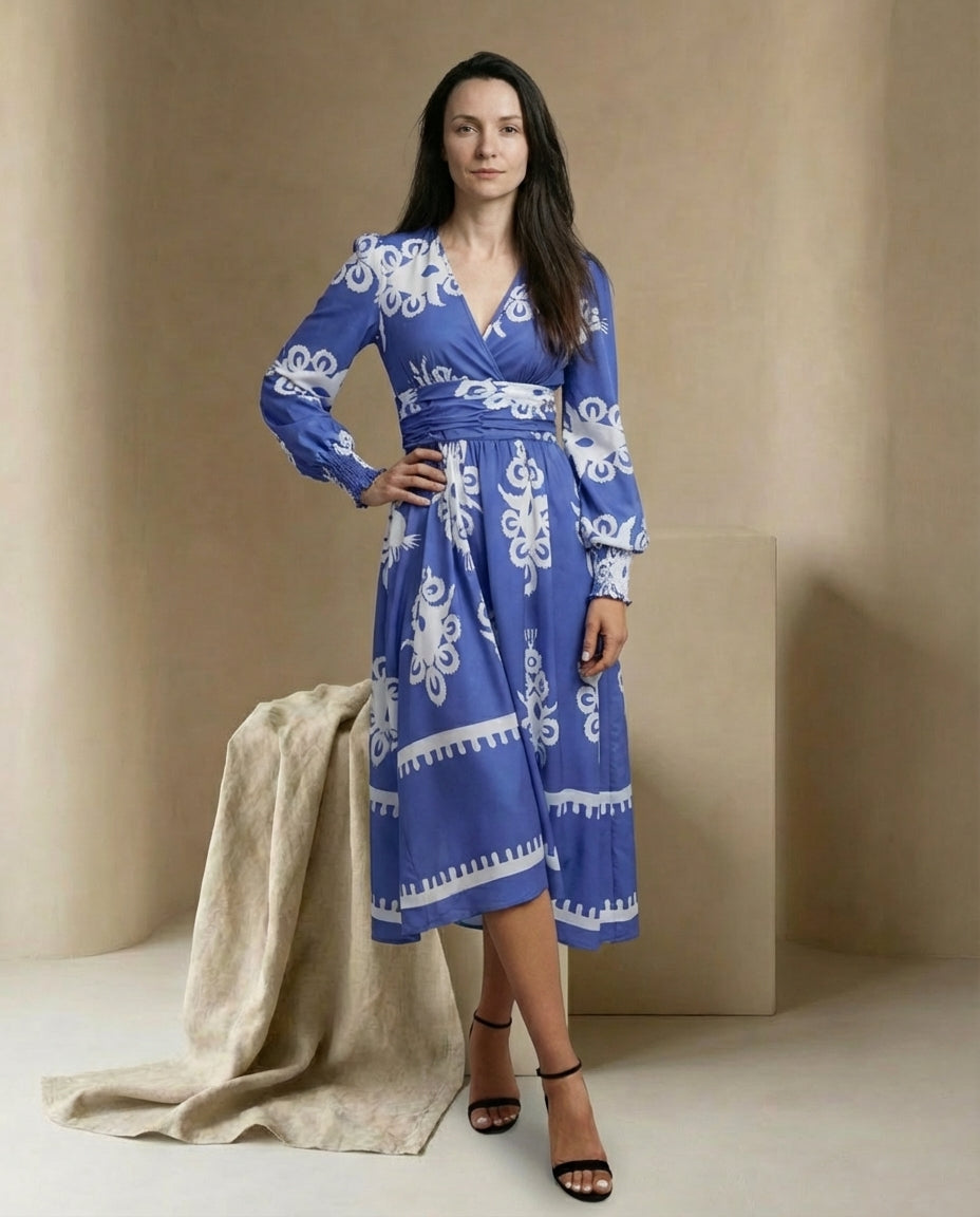 Sukienka Damska Midi Elegancka | Dopasowany Krój | Bufiaste Rękawy | Na Co Dzień