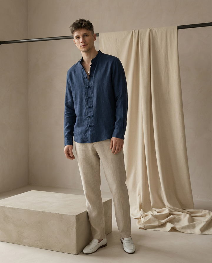 Koszula Męska Tradycyjna Koszula Lniana Męska | Regularny Krój | Oddychająca Tkanina | Na Co Dzień