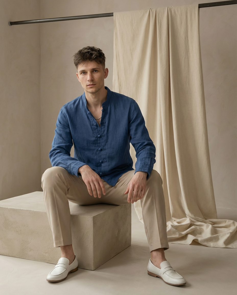 Koszula Męska Tradycyjna Koszula Lniana Męska | Regularny Krój | Oddychająca Tkanina | Na Co Dzień