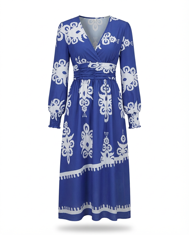 Sukienka Damska Midi Elegancka | Dopasowany Krój | Bufiaste Rękawy | Na Co Dzień