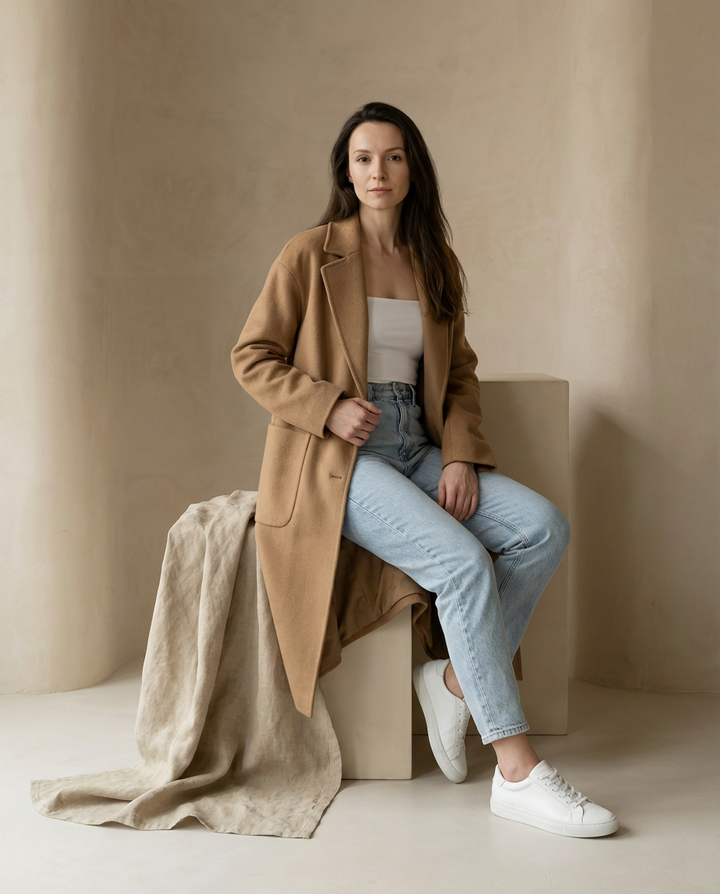 Płaszcz Zimowy Damski Elegancki | Długi Krój | Gruba Wełna | Na Zimę