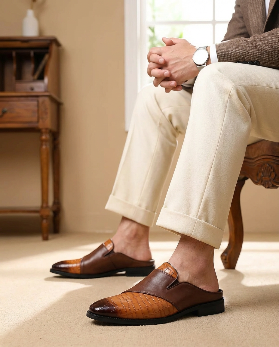 Buty Mule Męskie Stylowe | Wsuwana Konstrukcja | Teksturowana Cholewka | Na Wiosnę i Lato