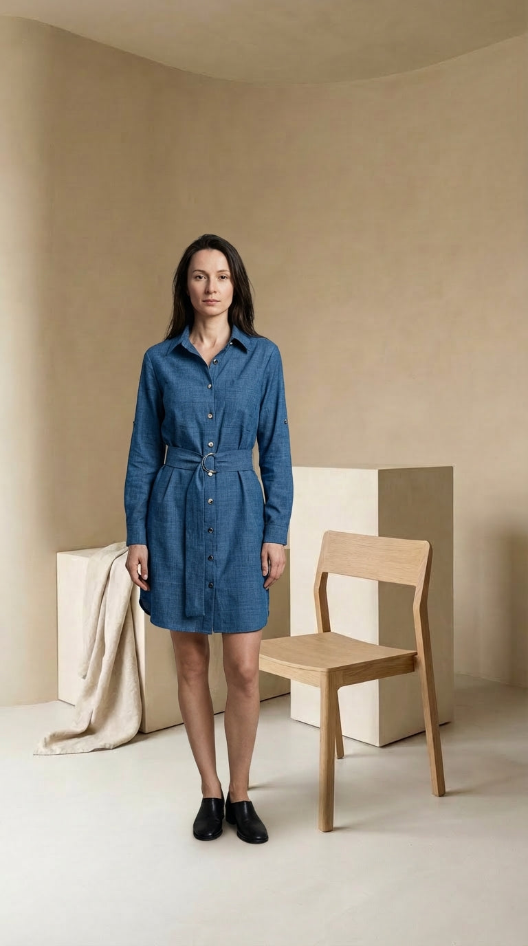 Sukienka Dżinsowa Damska Sukienki Dżinsowe | Krój w Kształcie Litery A | Kołnierz z Klapami | Na Co Dzień