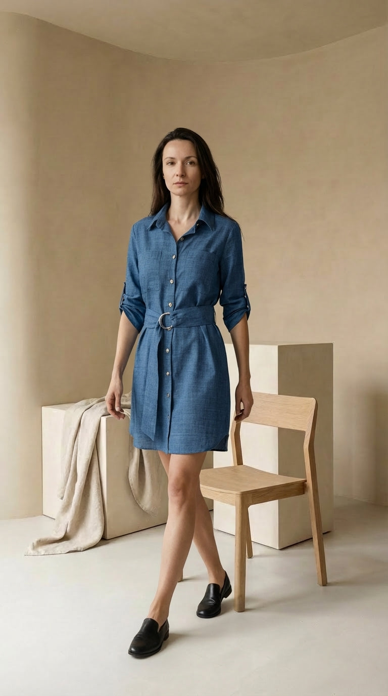 Sukienka Dżinsowa Damska Sukienki Dżinsowe | Krój w Kształcie Litery A | Kołnierz z Klapami | Na Co Dzień