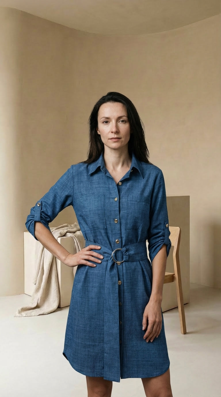 Sukienka Dżinsowa Damska Sukienki Dżinsowe | Krój w Kształcie Litery A | Kołnierz z Klapami | Na Co Dzień