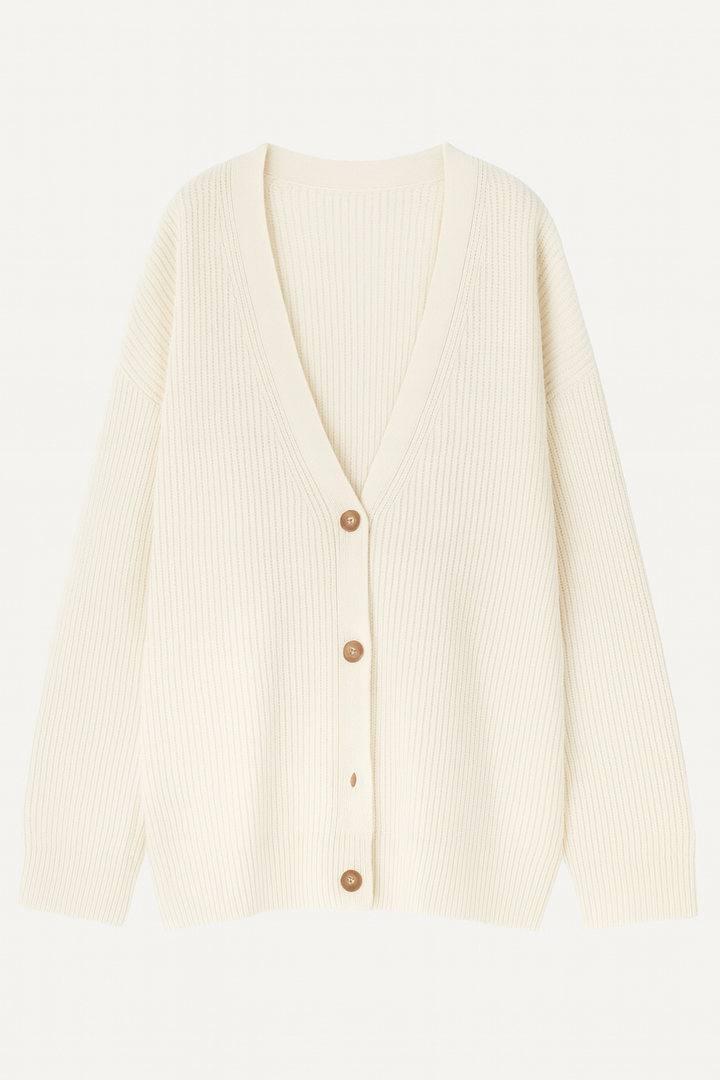 Kardigan Oversize | Dekolt w Serek | Dzianina o Prążkowanej Strukturze