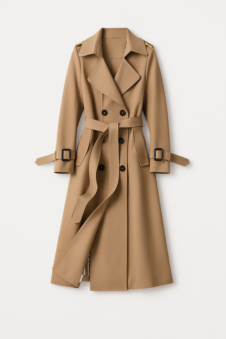 Klasyczny Trencz Damski | Dwurzędowy | Pasek w Talii