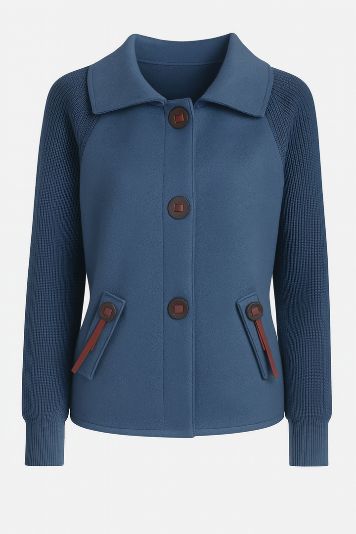 Kurtka Damska z Dzianinowymi Rękawami | Dekoracyjne Guziki | Krótki Fason | Styl Casual z Charakterem
