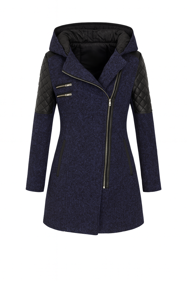 Płaszcz Damski z Kapturem | Pikowane Ramiona | Asymetryczny Zamek | Fason Dopasowany