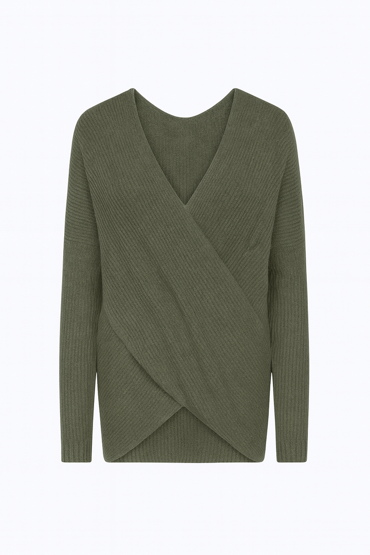 Sweter z Krzyżowanym Przodem | Luźny Krój | Dekolt w Serek