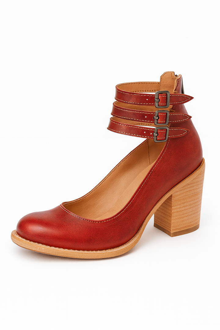 Damskie Skórzane Buty na Obcasie | Pasek na Kostce | Klasyczny i Elegancki Styl