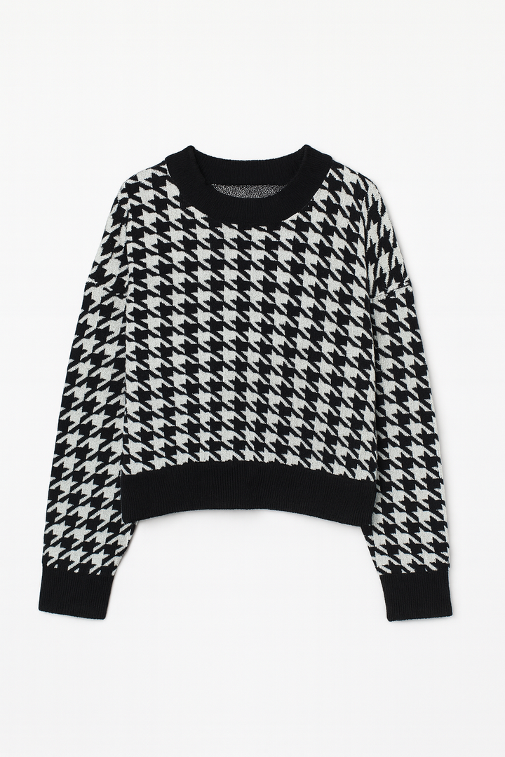 Sweter z Wzorem Pepitki | Dzianina o Gęstym Splocie | Klasyczny Krój | Styl Miejski