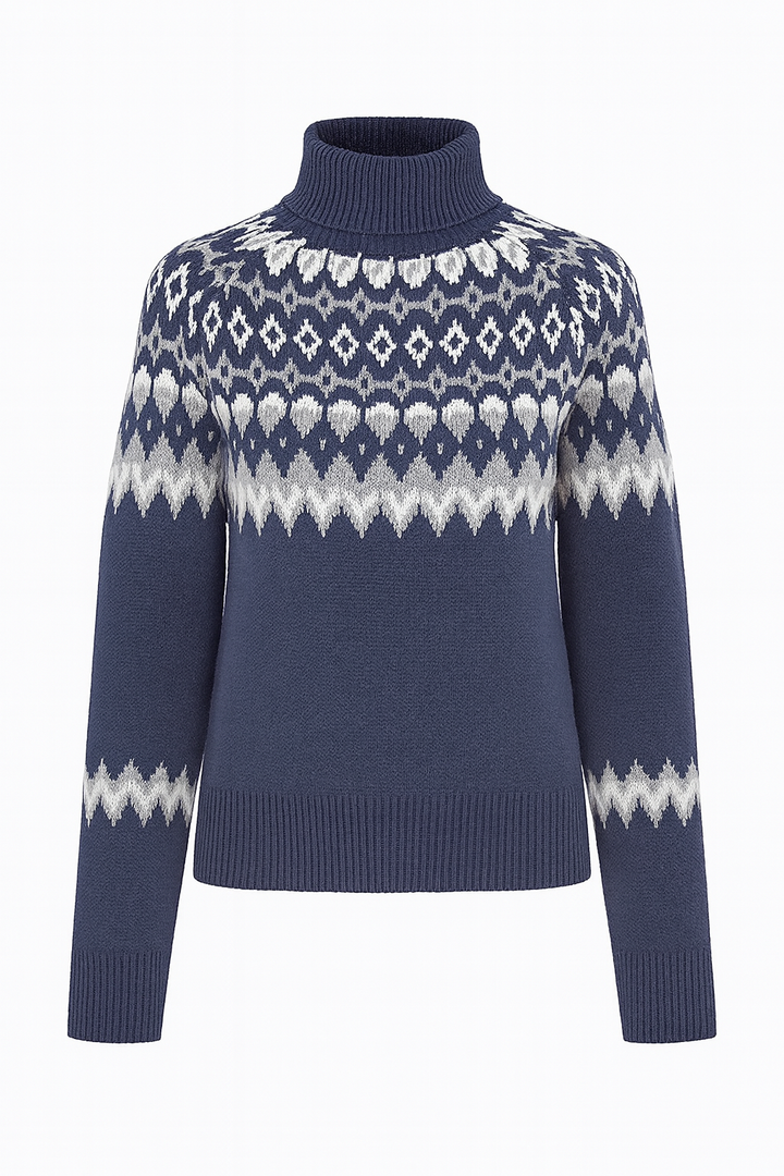 Damski Sweter z Motywem Norweskim | Dzianina z Golfem | Klasyczny Zimowy Styl